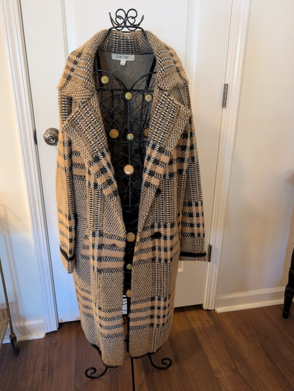 My Story Beige and Black Plaid Longline Pea Coat